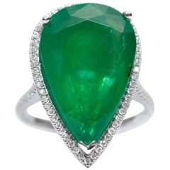 9.78 Carat Pear Shaped Emerald 0.33 Carat Round Diamond 18 Karat White Gold Ring