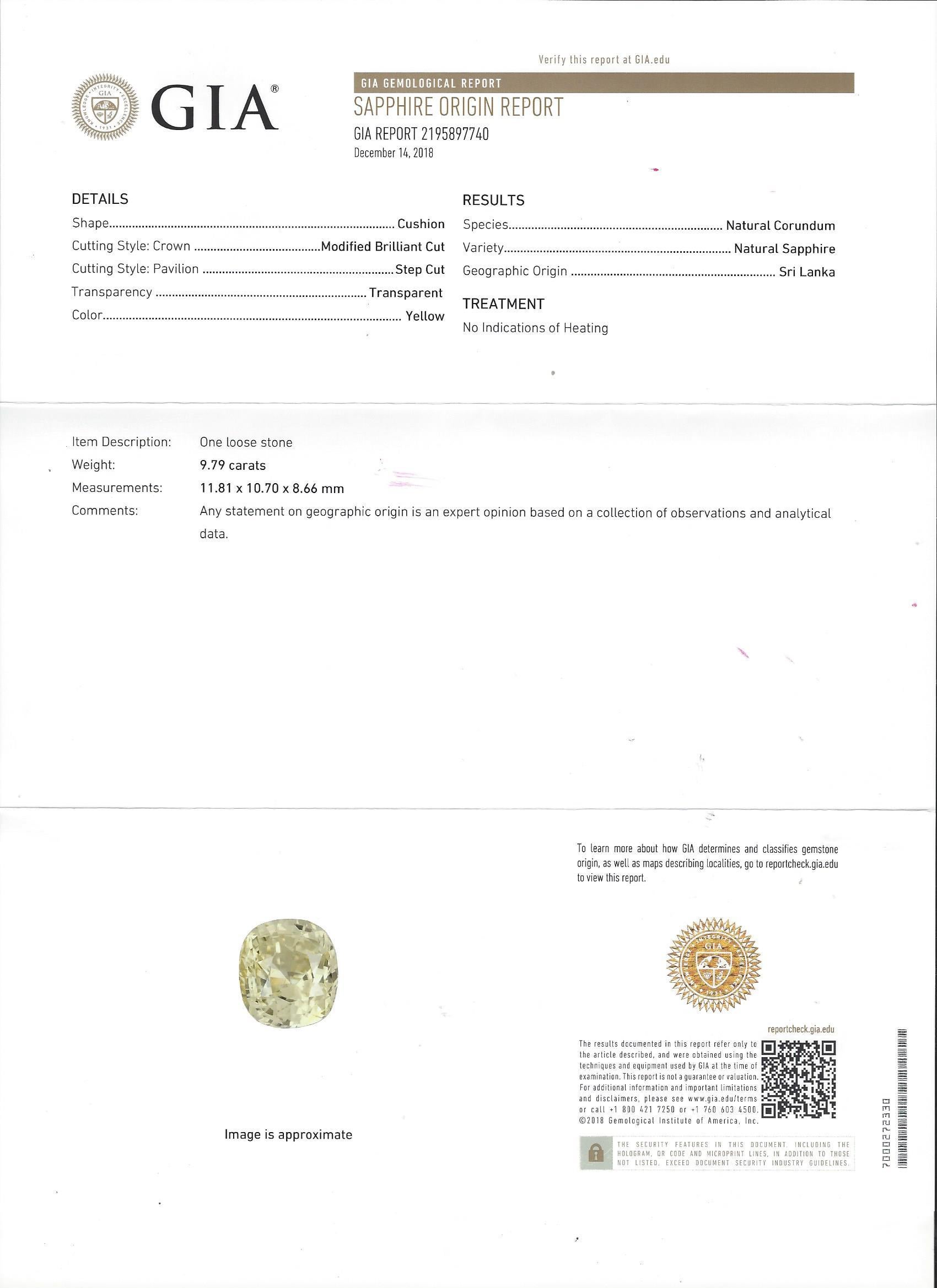 9.79 Carat Cushion Cut Ceylon Natural Yellow Sapphire 'GIA' No Heat Diamond Ring For Sale 2
