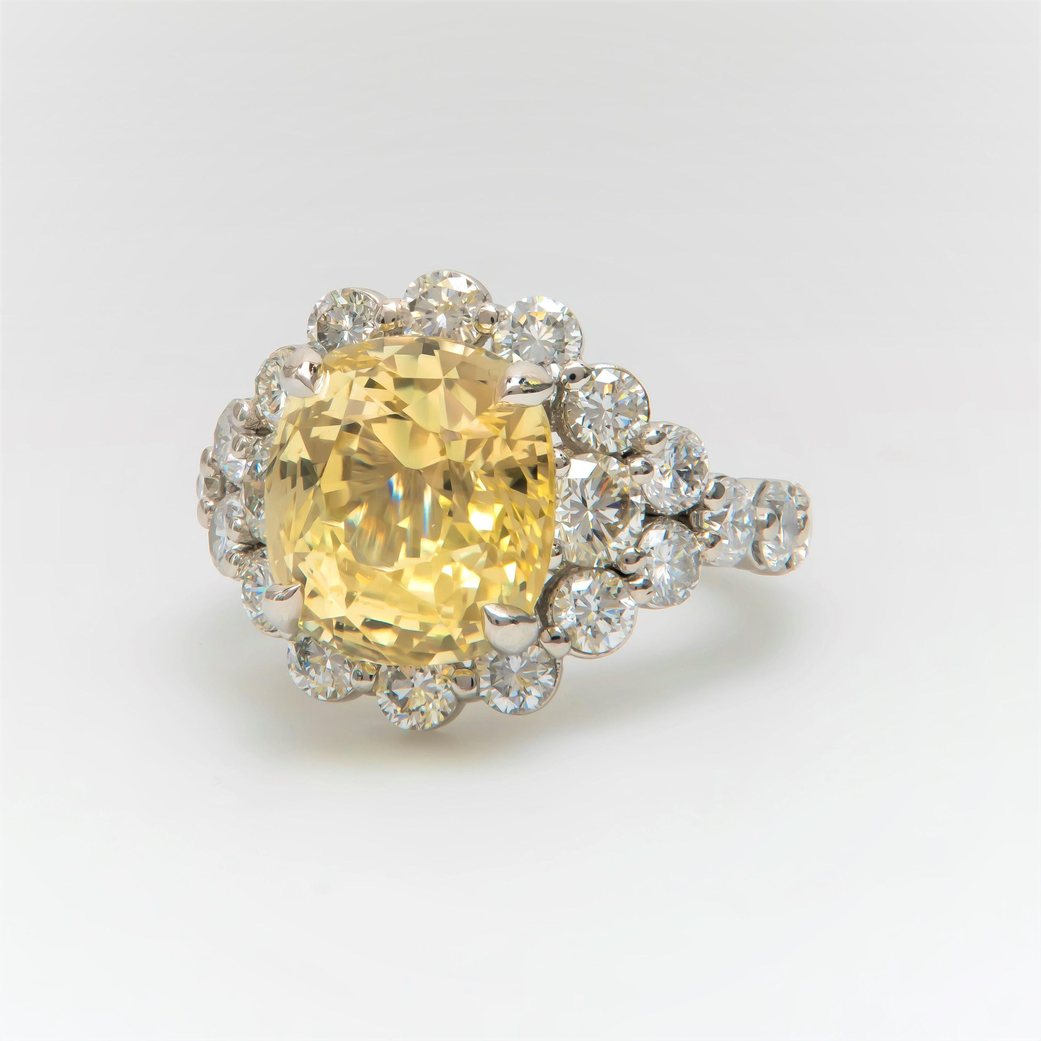 9.79 Carat Cushion Cut Ceylon Natural Yellow Sapphire 'GIA' No Heat Diamond Ring For Sale 1