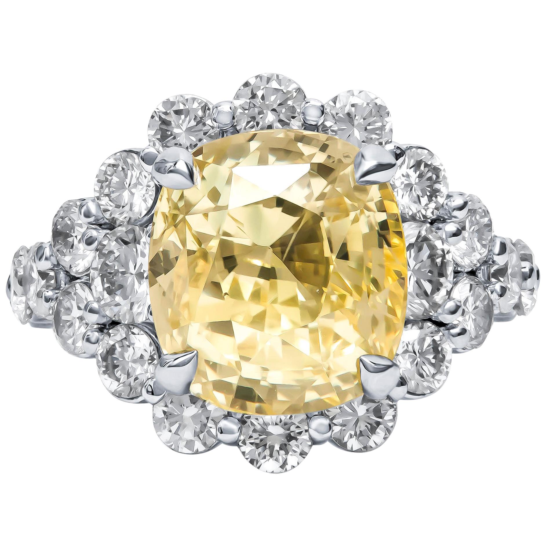 9.79 Carat Cushion Cut Ceylon Natural Yellow Sapphire 'GIA' No Heat Diamond Ring For Sale