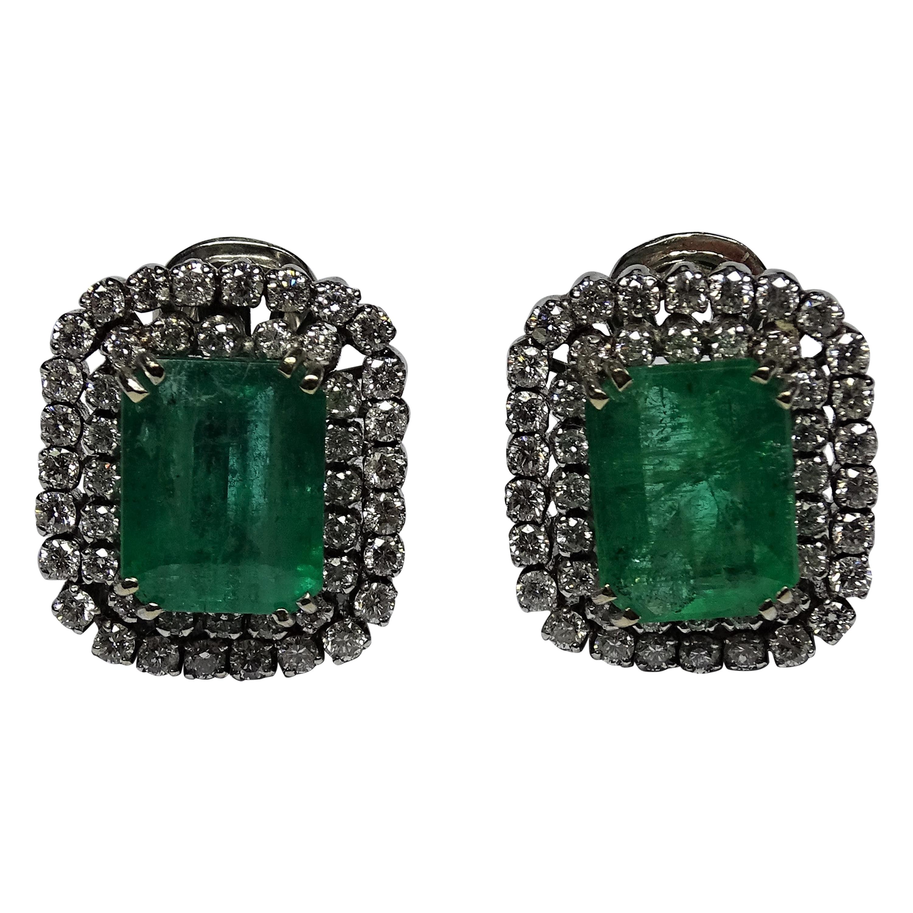 9.79 Carat Natural Emerald White Diamond 18 Karat White Gold Earrings For Sale