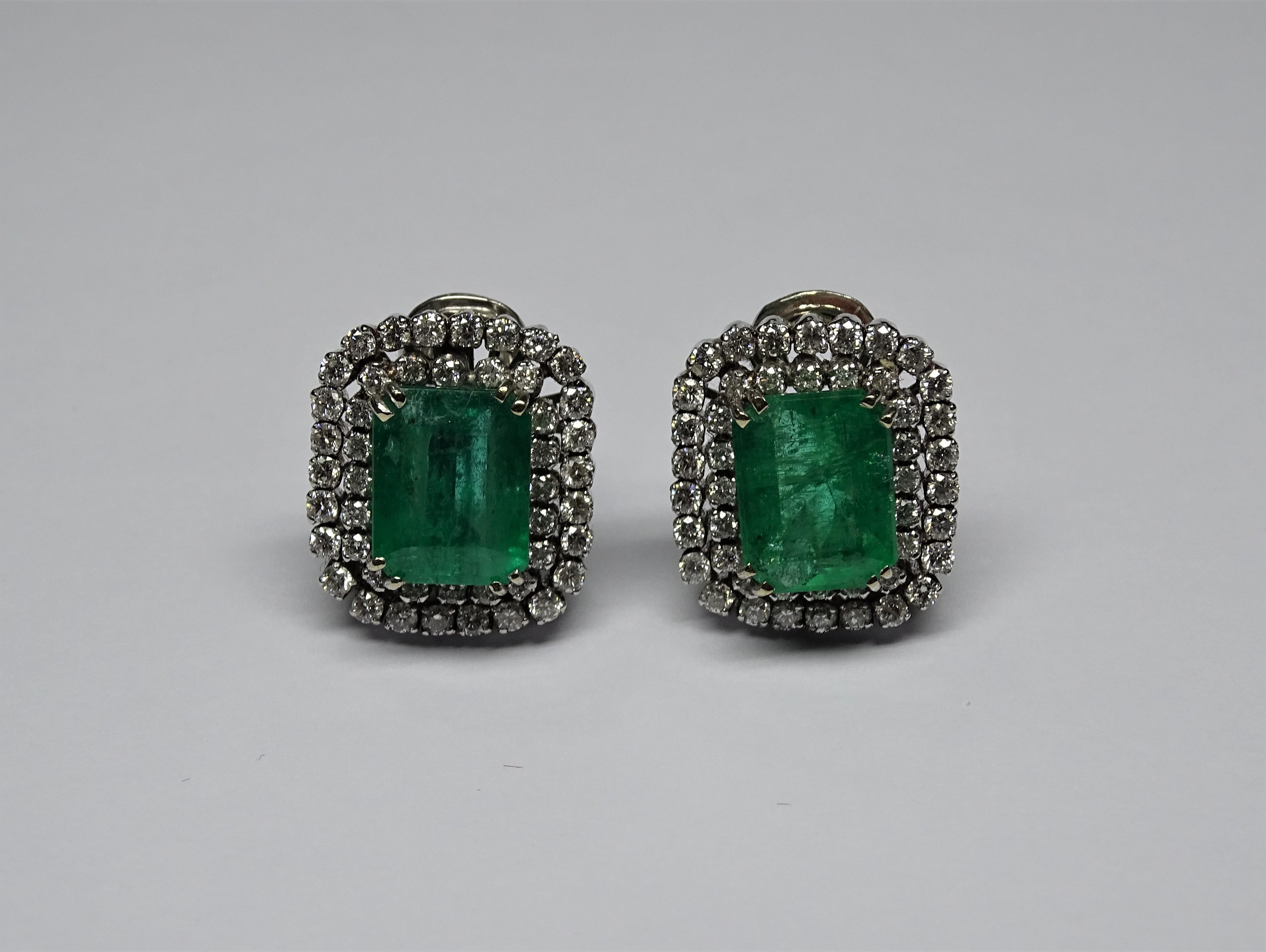 These Earrings are made of 18K White Gold.
These Earrings have 2.02 Carats of White Round Cut Diamonds.
These Earrings have 9.79 Carats of Natural Emeralds.
All our Earrings have pins for pierced ears but we can change the closure and make any of
