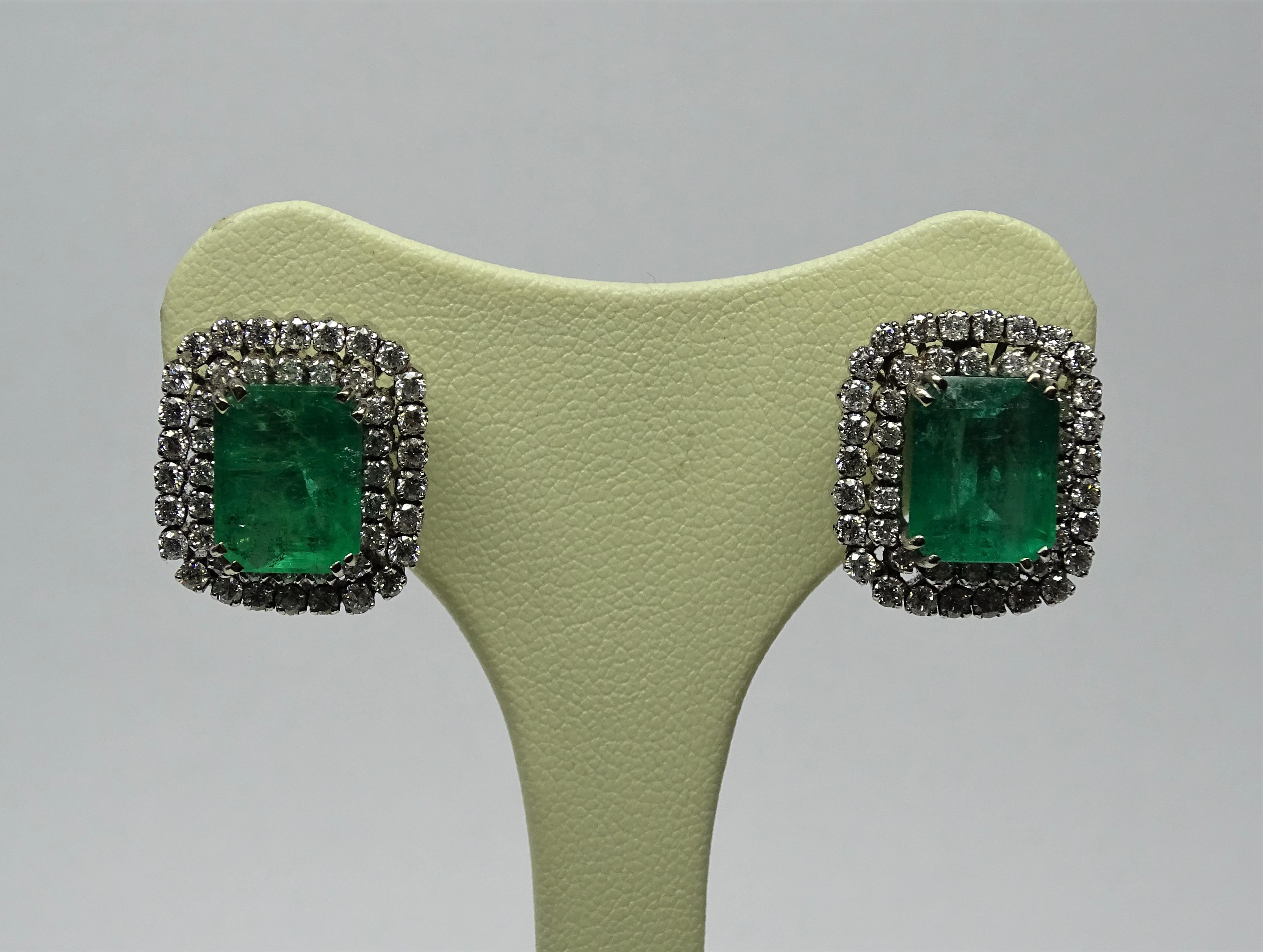 9.79 Carat Natural Emerald White Diamond 18 Karat White Gold Earrings For Sale 1