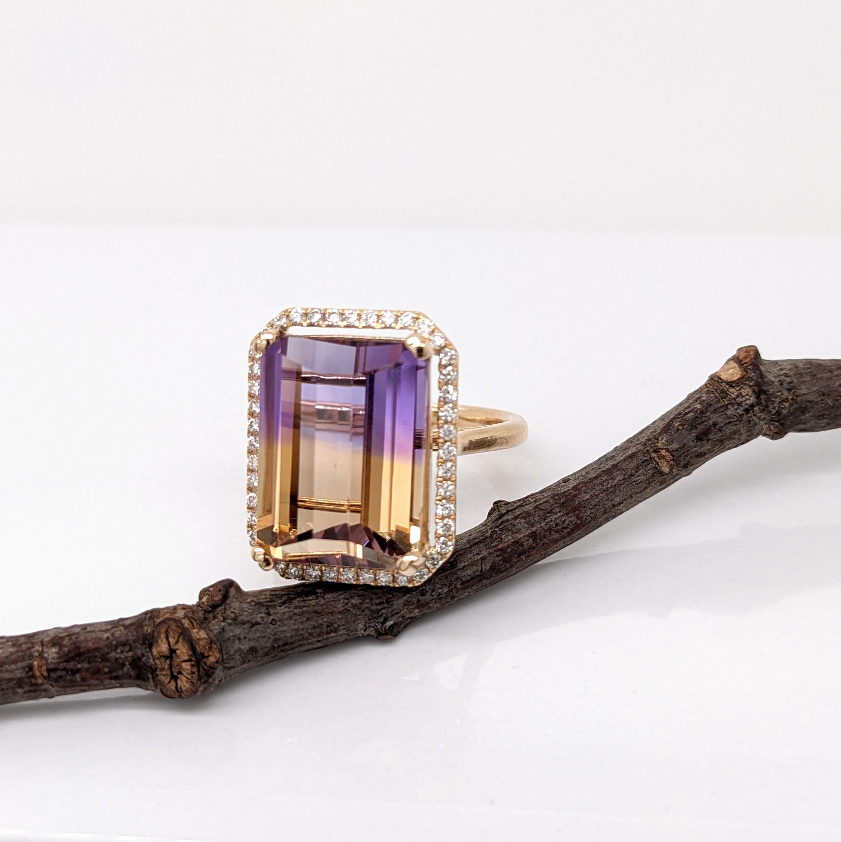 Emerald Cut 9.7ct Ametrine Ring w Earth Mined Diamonds in Solid 14K Yellow Gold EM 15x11mm For Sale
