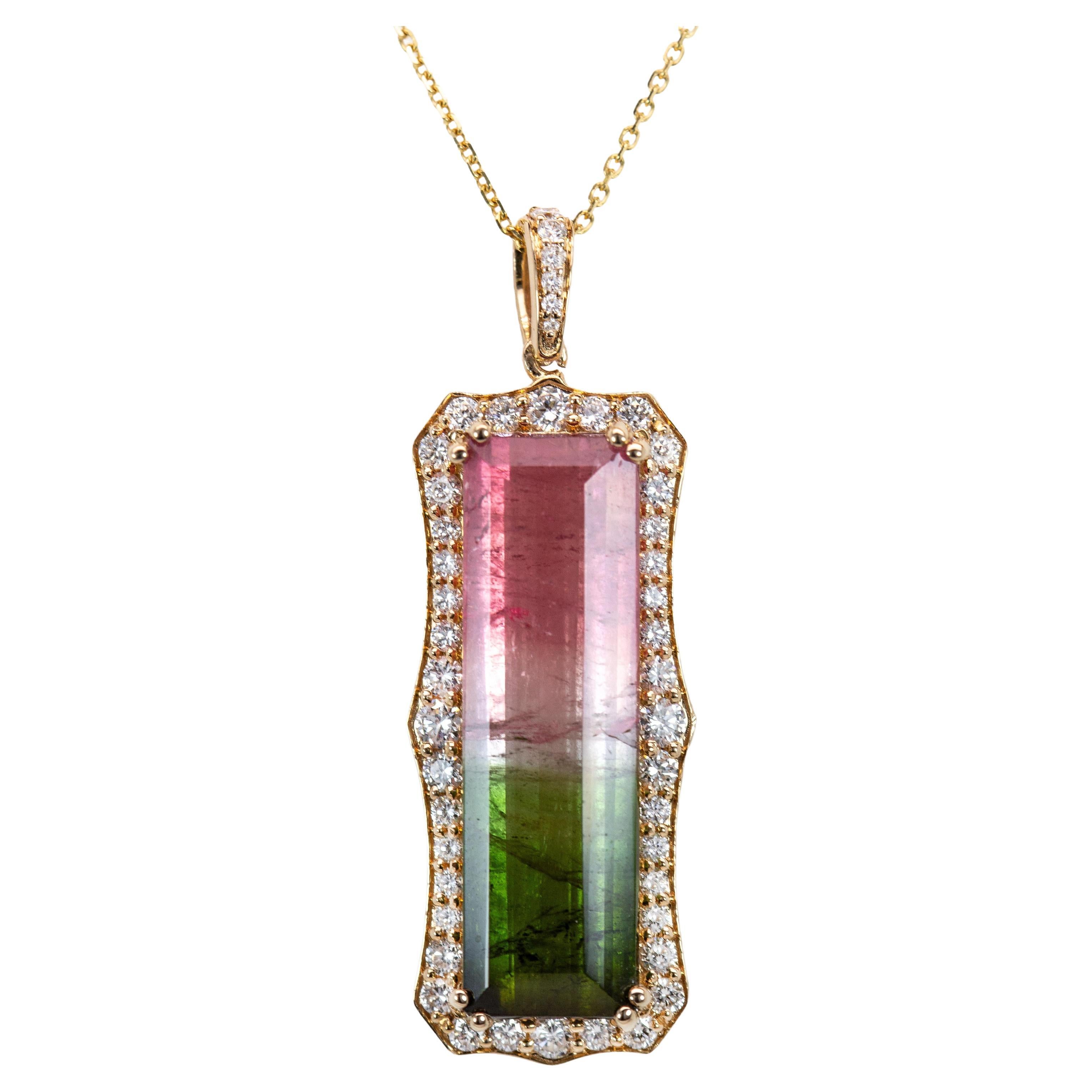 9.7cts, 27x8mm Watermelon Tourmaline Pendant w Natural Diamond Halo in 14K Gold