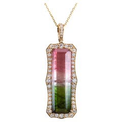 9.7cts, 27x8mm Watermelon Tourmaline Pendant w Natural Diamond Halo in 14K Gold