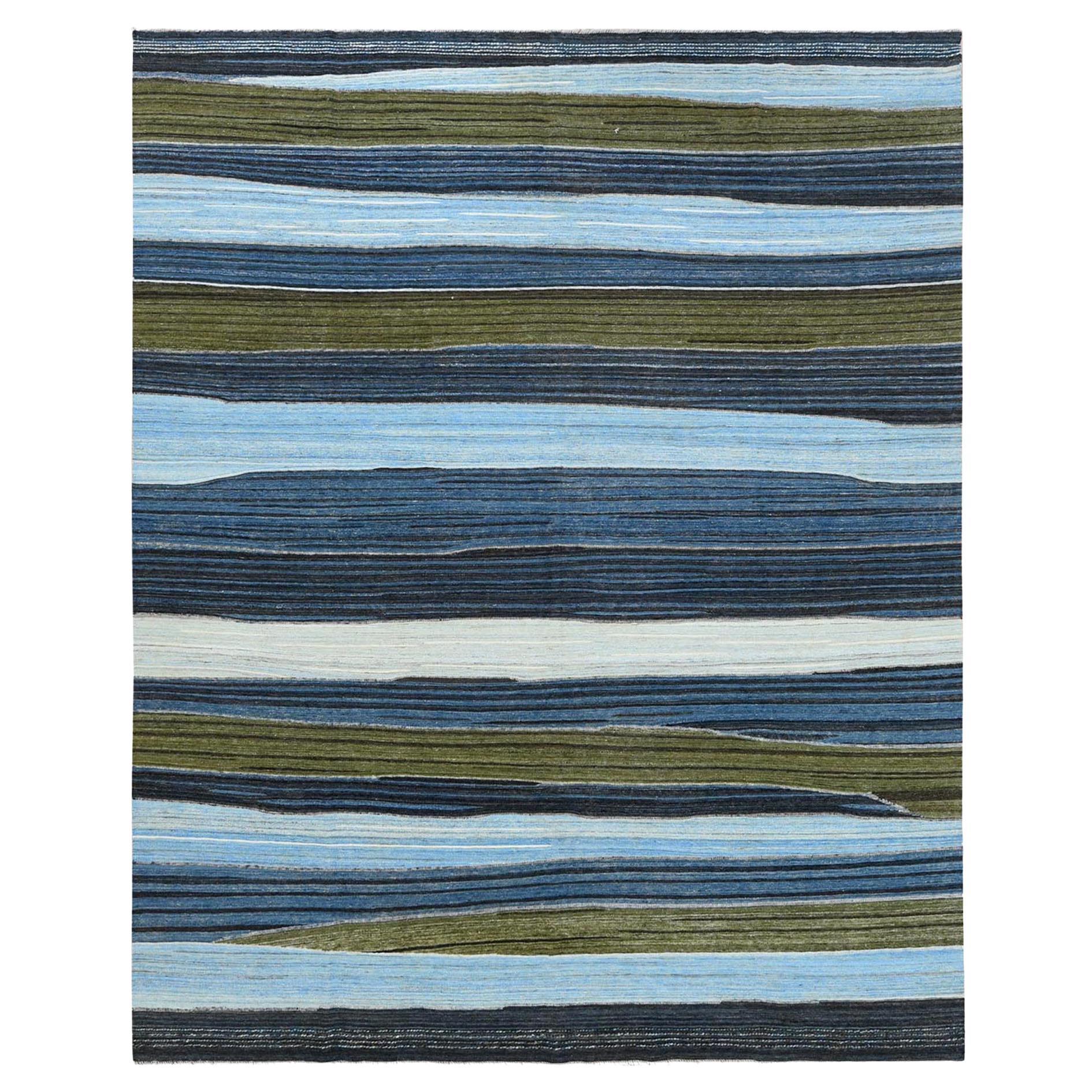 9'7"x11'10" Brown And Blue Mountain Design Flat Weave Kilim Pure Wool Rug im Angebot