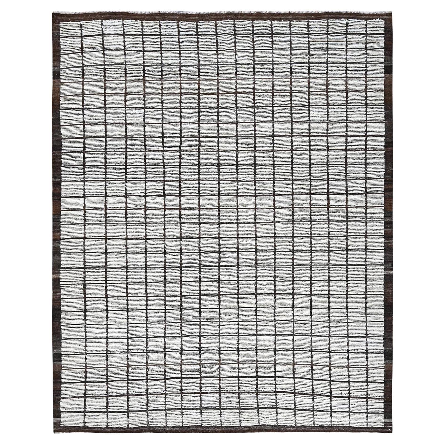 9'7 "x11'8" Tappeto bianco con trama marocchina e disegno a griglia in lana annodata a mano