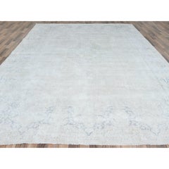 9'7"x12'10" Ivory Hand Knotted Wool Distressed Look Old Zoroastrian Karman Rug