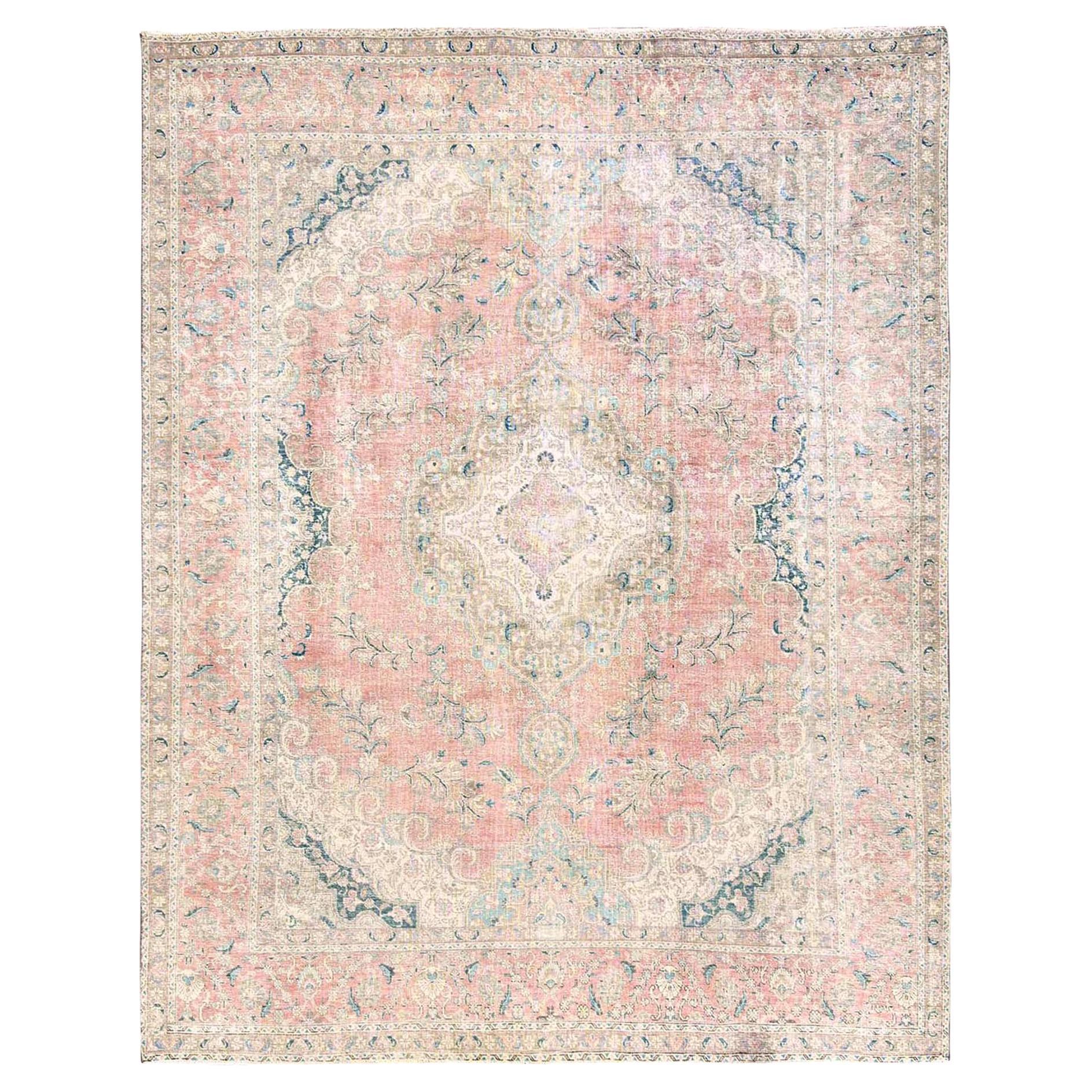 9
7"x12
2" Rose Pink Vintage Persian Tabriz Hand Knotted Soft Wool Oriental Rug