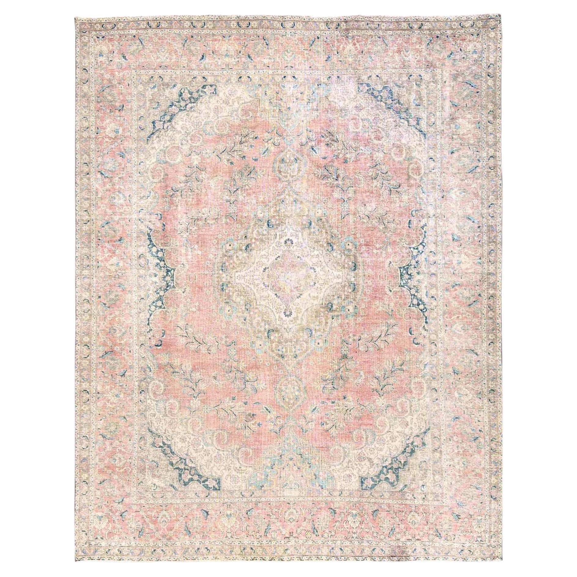 9'7"x12'2" Rose Pink Vintage Zoroastrian Hand Knotted Soft Wool Oriental Rug