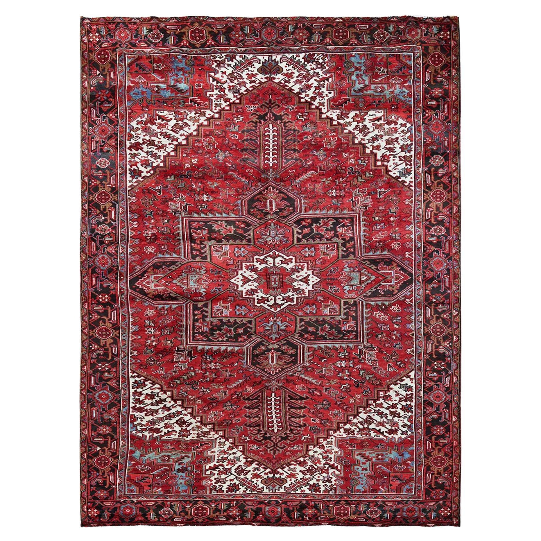 9'7 "x12'2" Scarlet Red Vintage Persian Heriz Hand Knotsted 100% Wool Oriental Rug
