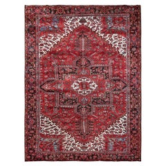 9'7"x12'2" Scarlet Red Vintage Persian Heriz Hand Knotted 100% Wool Oriental Rug