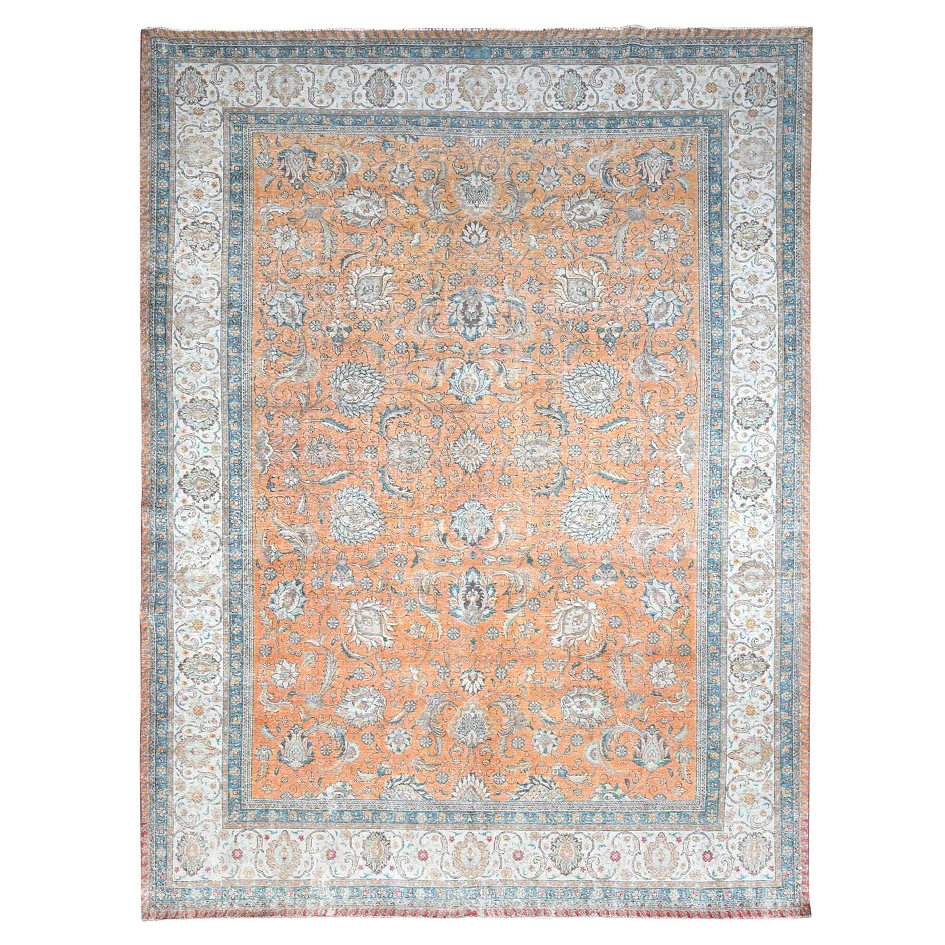 9'7"x12'6" Exotic Orange Vintage Persian Tabriz Wool Hand Knotted Pure Wool Rug