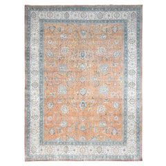 9'7"x12'6" Exotic Orange Vintage Persian Tabriz Wool Hand Knotted Pure Wool Rug