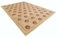9.7x13 ft Handmade Beige and Red Wool Area Rug. Repeating Floral Design Carpet