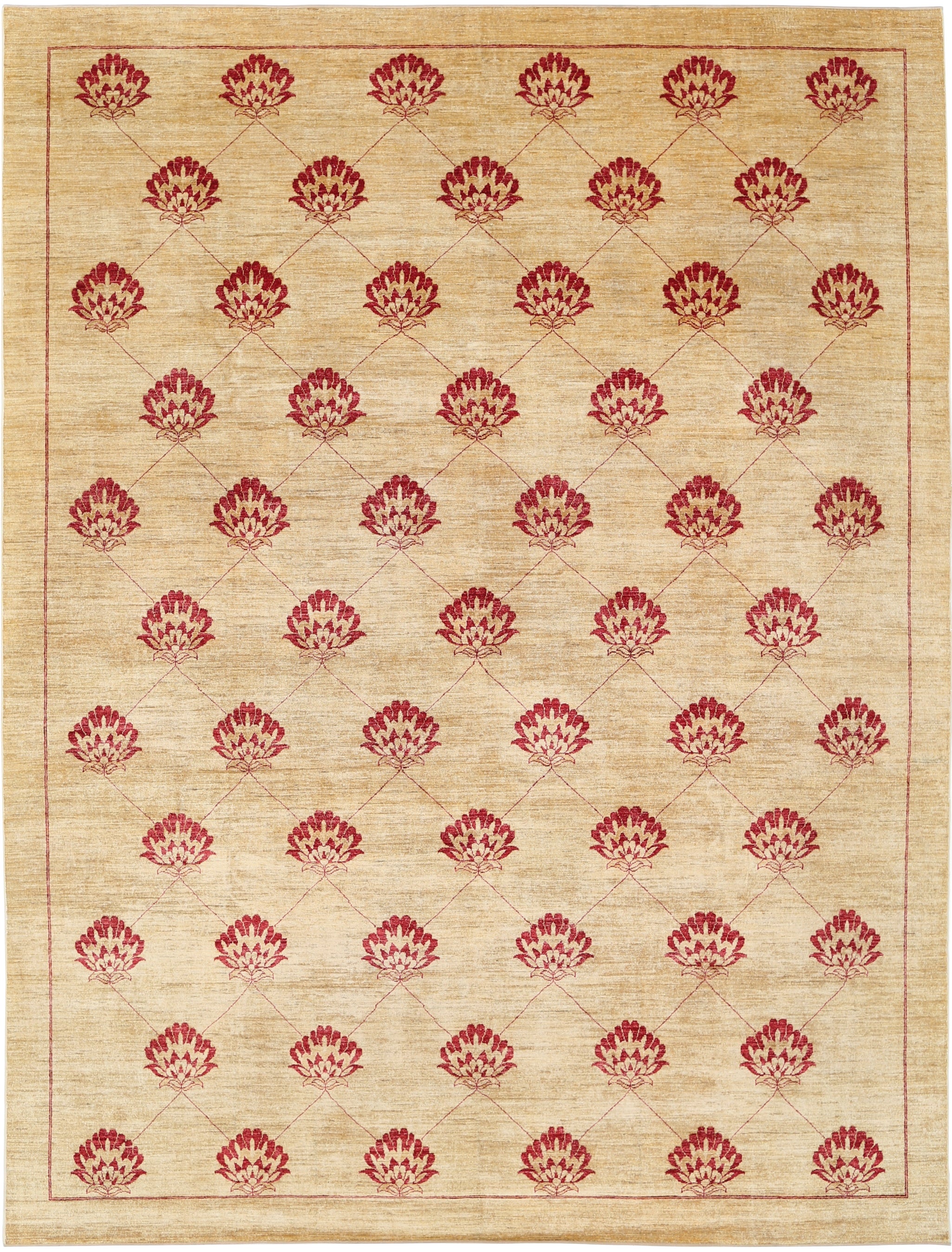 9.7x13 ft Handmade Beige and Red Wool Area Rug. Repeating Floral Design Carpet