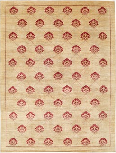 9.7x13 ft Handmade Beige and Red Wool Area Rug. Repeating Floral Design Carpet