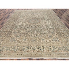 9'7"x13'3" Ivory Vintage Zoroastrian Nain Hand Knotted Wool & Silk Oriental Rug