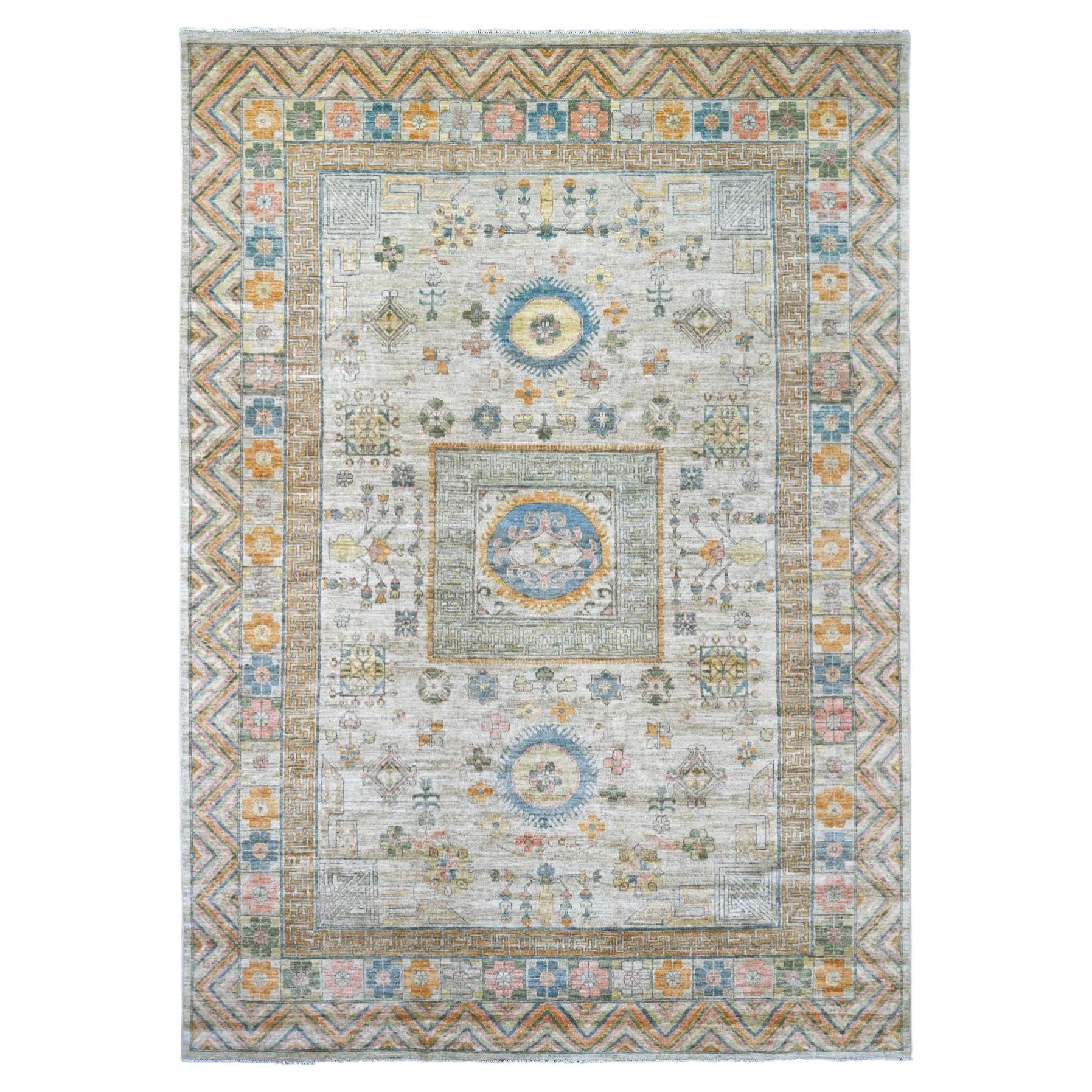 9'7"x13'4" Bone White Peshawar with Khotan Design Hand Knotted Wool Oriental Rug