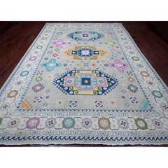 9'7"x13'4" Gray Colorful Fusion Kazak Caucasian Design Hand Knotted Wool Rug