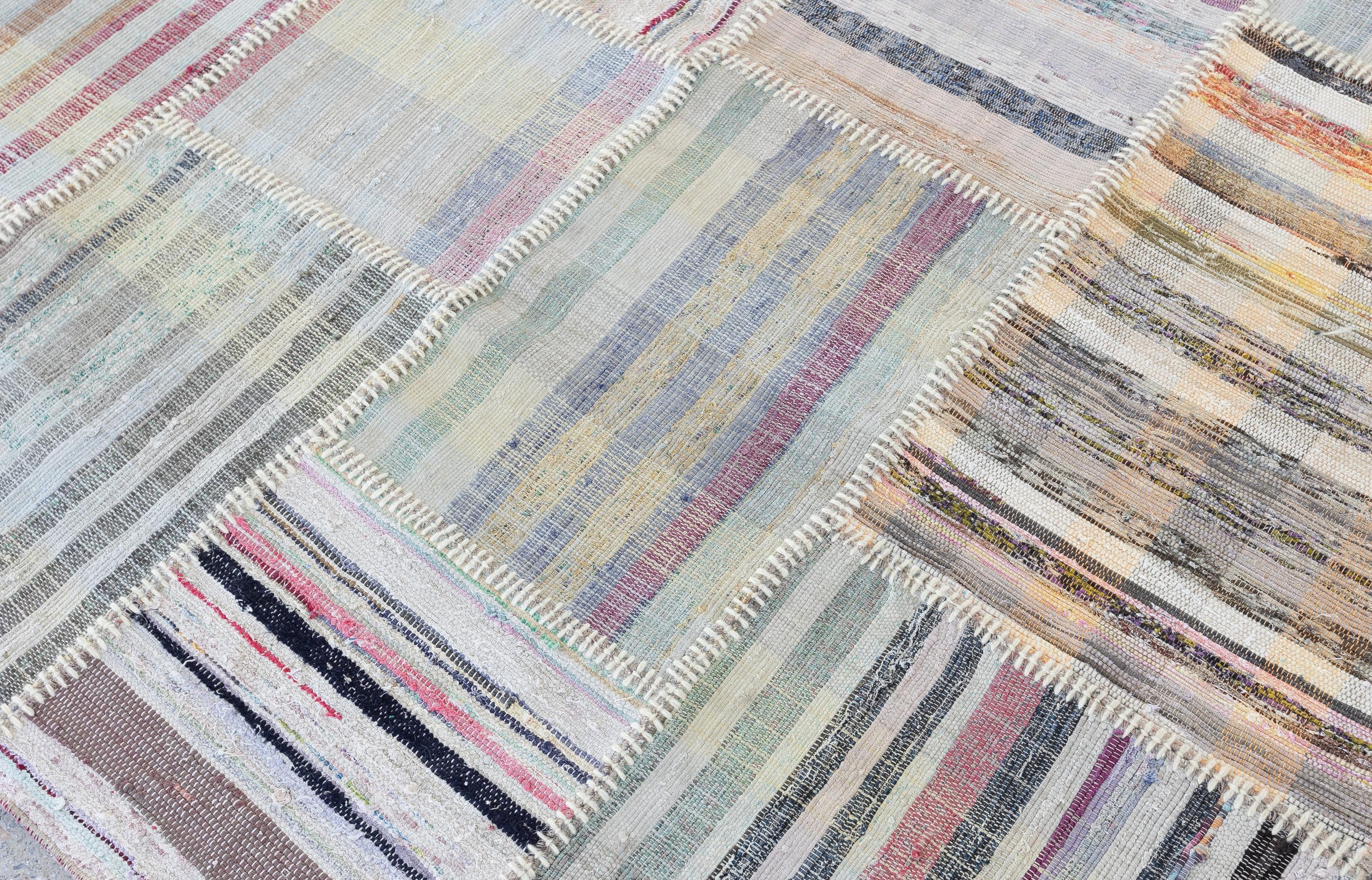 9.7x13.5 Ft Multicolor Gestreifter Kelim. Einstellbarer Baumwollteppich. Teppich in Übergröße (Baumwolle) im Angebot