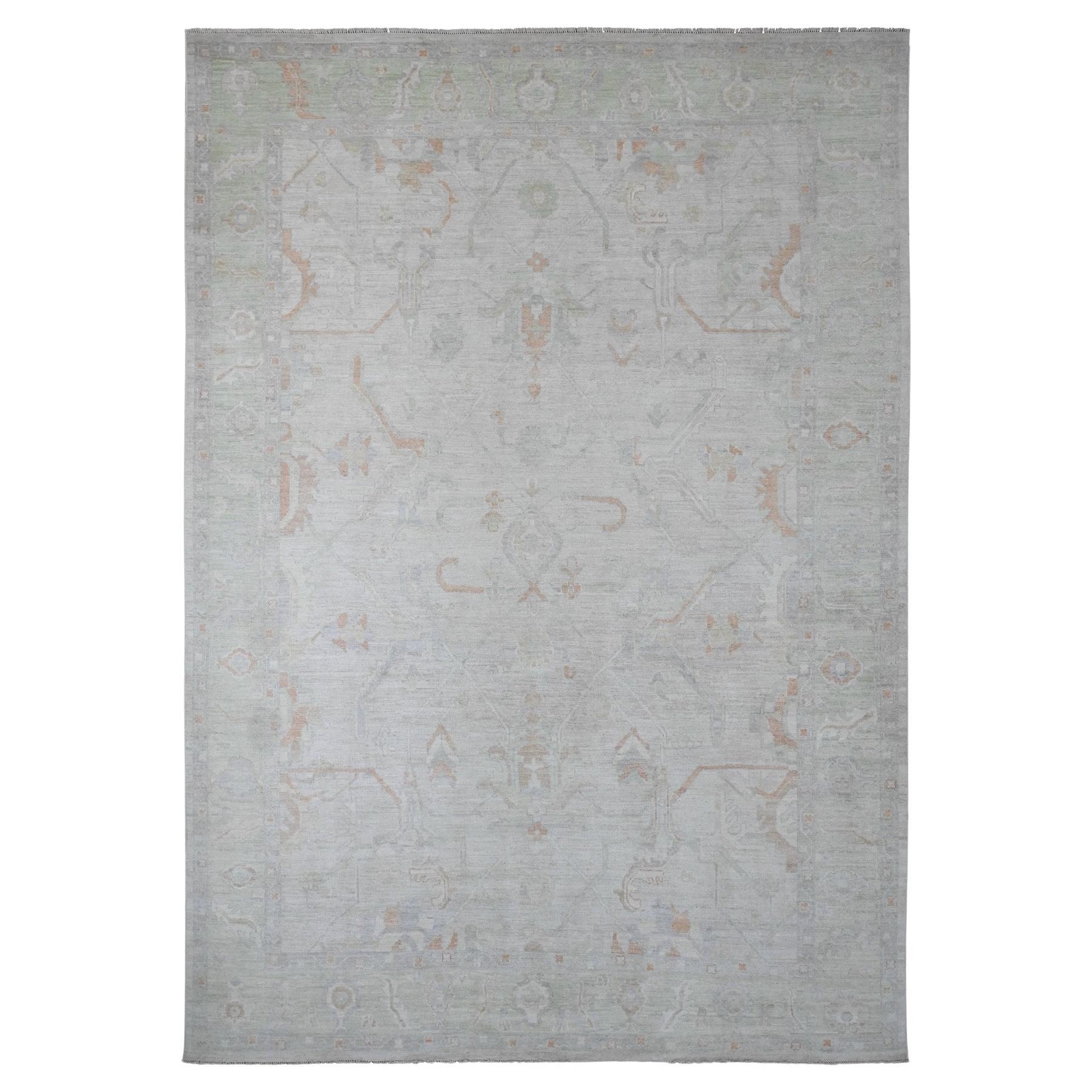 9'7"x13'6" Weißer afghanischer Angora Oushak Vines Design Handgeknüpfter Teppich aus reiner Wolle