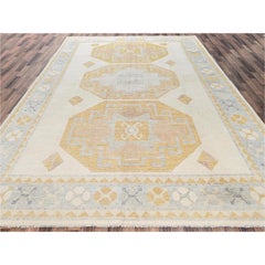 Handgeknüpfter Teppich aus reiner Wolle im anatolischen Dorfdesign, 2,92 m x 4,27 m, Farbe: Elfenbein