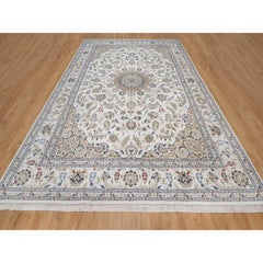 9'7"x14' Ivory Hand Knotted Nain with Medallion Design Wool & Silk 250 KPSI Rug
