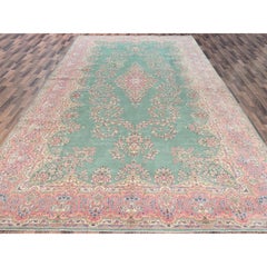9'7"x20' Green Vintage Persian Kerman Clean and Soft Hand Knotted Wool XL Rug