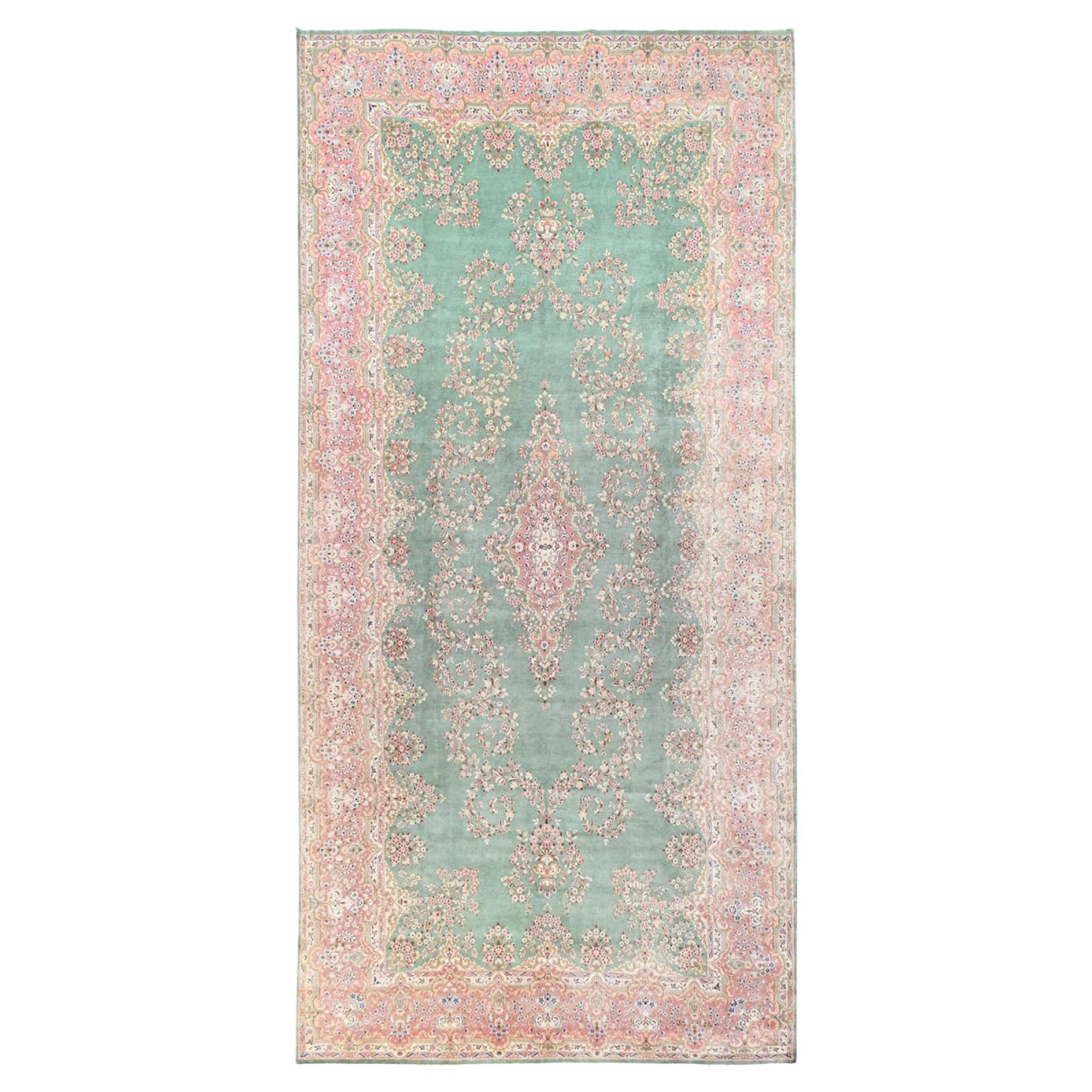 9
7"x20
Green Vintage Persian Kerman Clean and Soft Hand Knotted Wool XL Rug