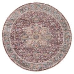 9
7 "x9
7" Light Burgundy Soft Pile Wool Hand Knotted Round Heriz Oriental Rugs