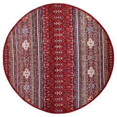 9'7 "x9'7" Rosso Rotondo Super Kazak Khorjin Design Tappeto in Lana Naturale Annodato a Mano