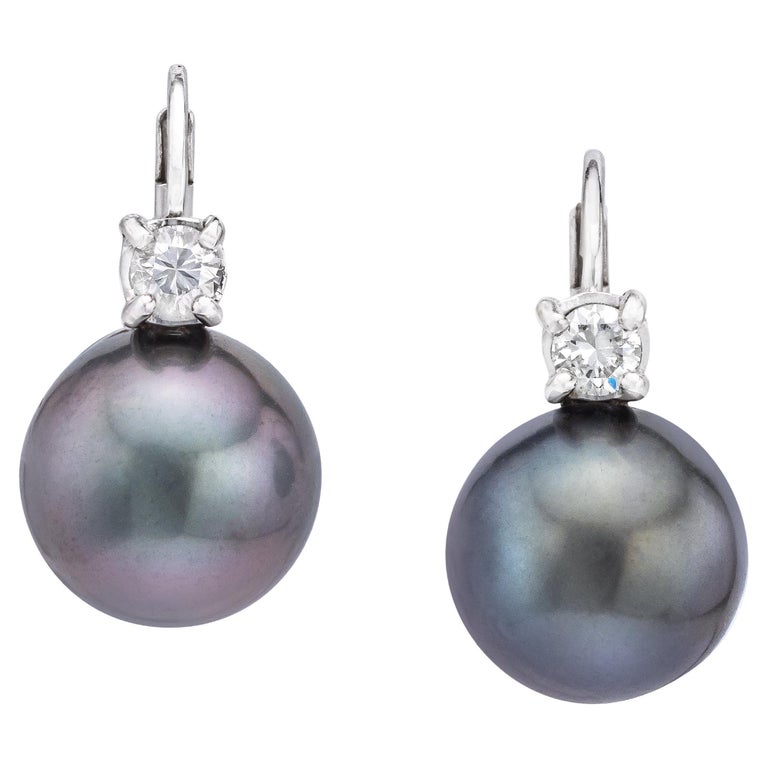 Tahitian Pearl and Diamond Earrings in 18 Karat White Gold For Sale at ...