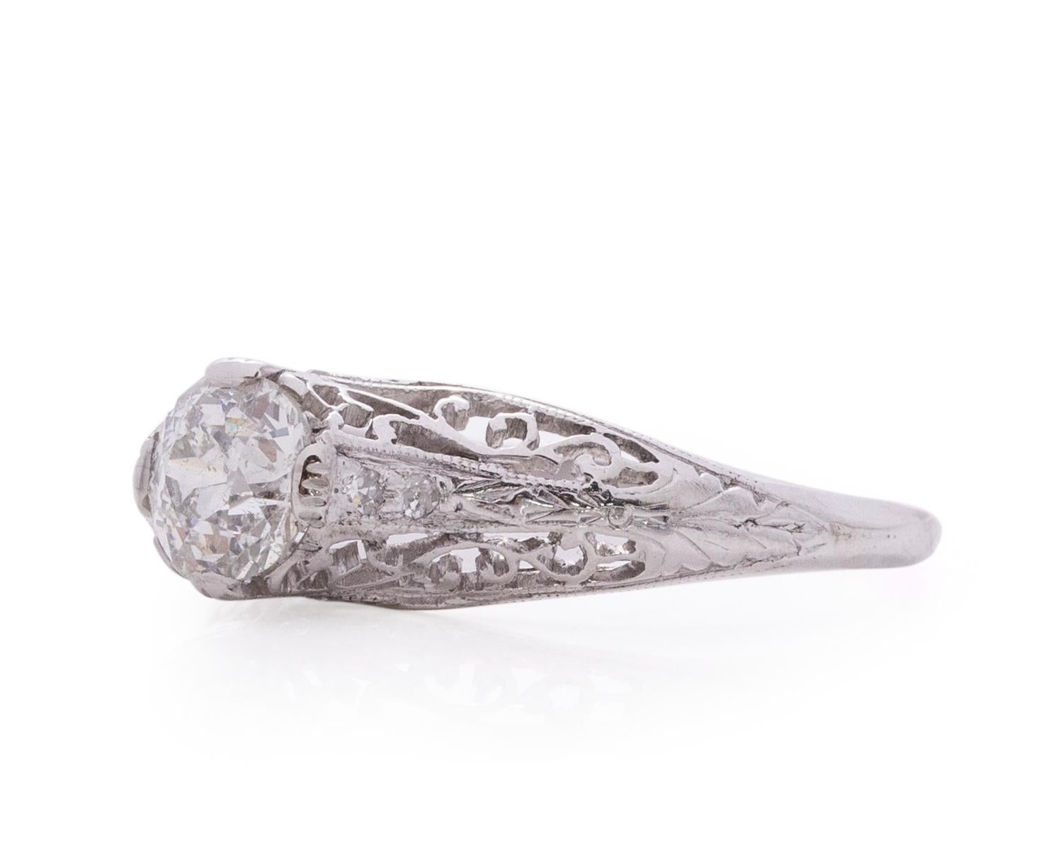 Old European Cut .98 Carat Art Deco Diamond Platinum Engagement Ring For Sale