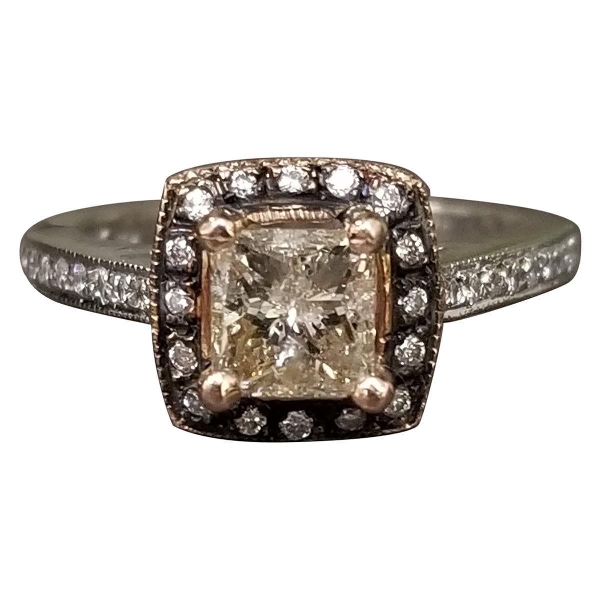 14k White and Rose gold .98 Carat "Brown" Princess Diamond in Halo For Sale