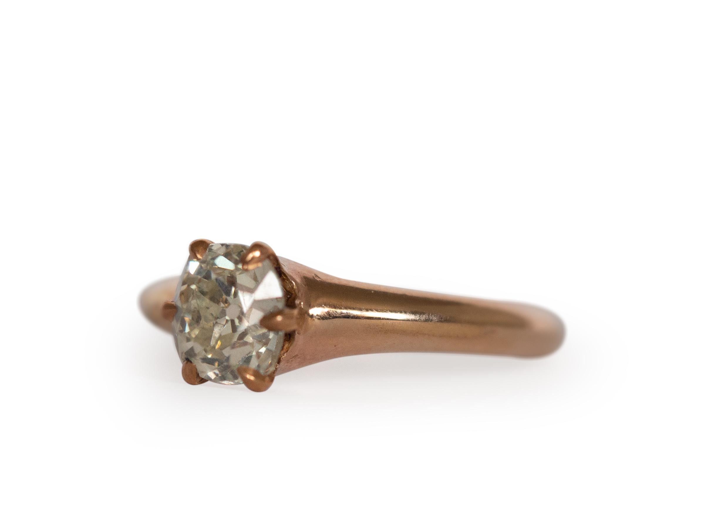 Item Details: 
Ring Size: 5.5
Metal Type: 14 Karat Yellow Gold [Hallmarked, and Tested]
Weight: 3.1 grams

Center Diamond Details:
Weight: .98 Carat
Cut: Antique Cushion
Color: O-P
Clarity: SI2

Finger to Top of Stone Measurement: 6 mm
Condition: