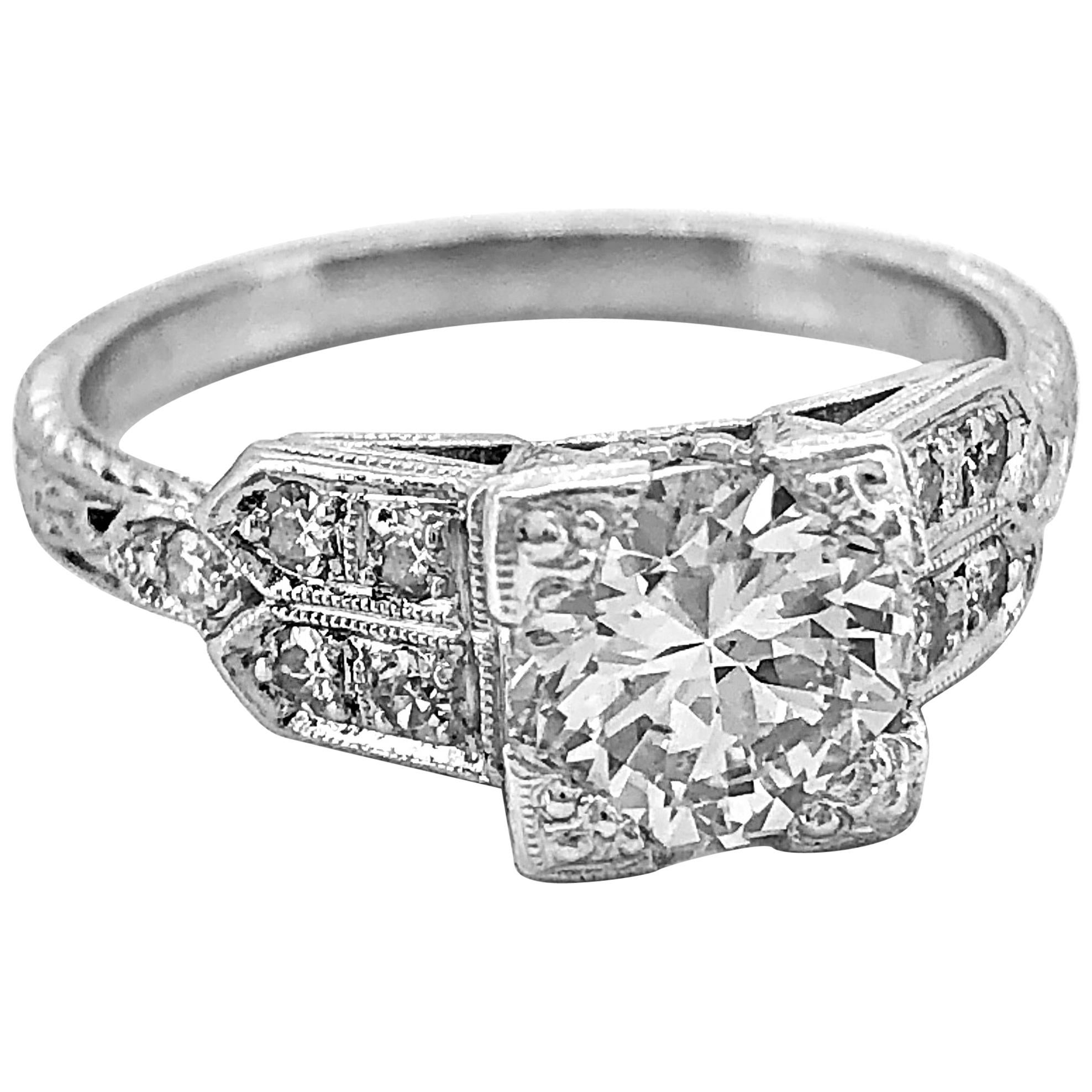 .98 Carat Diamond and Platinum Antique Engagement Ring Art Deco For Sale