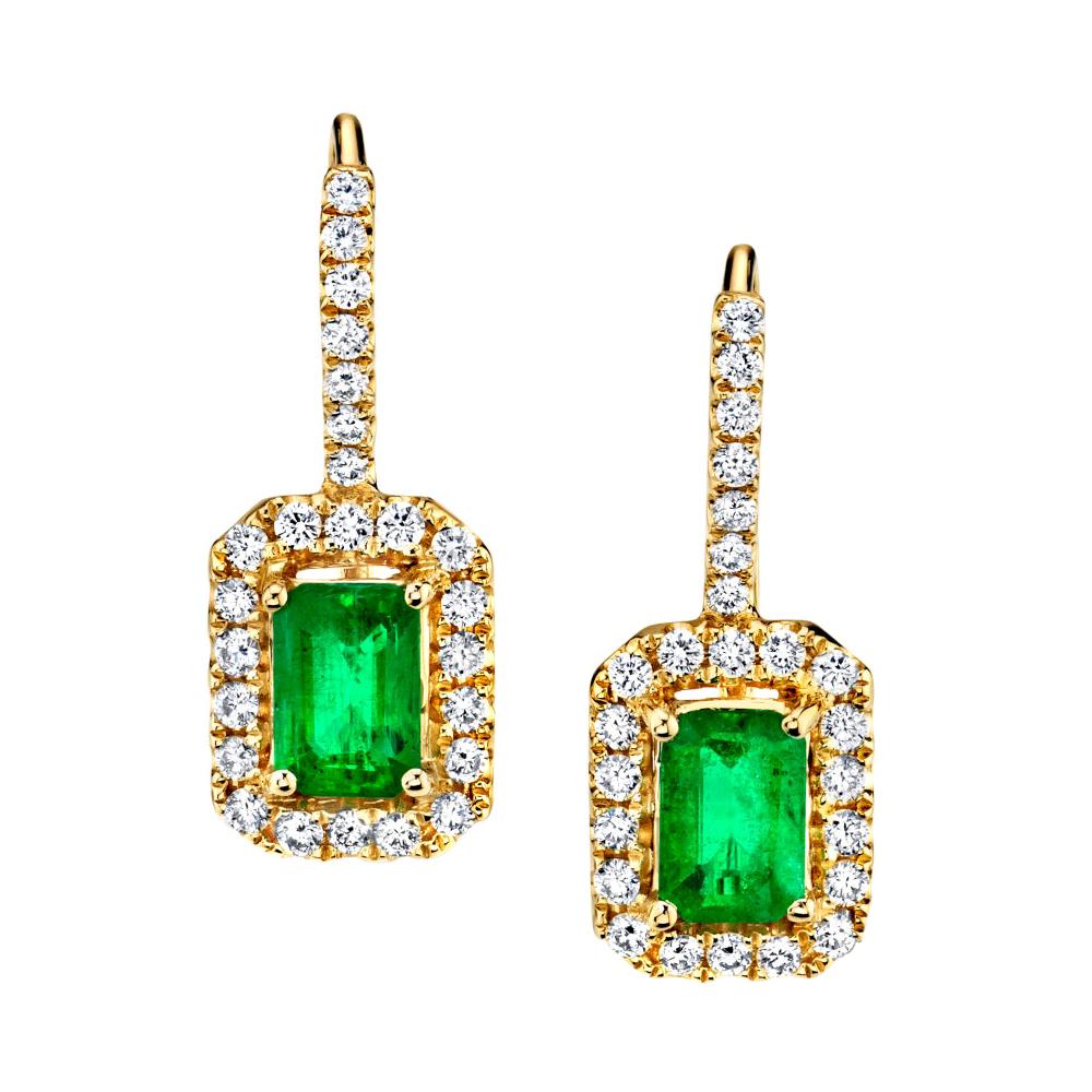 Emerald and Diamond Halo Drop Earrings in 14k Yellow Gold, .98 Carat Total For Sale