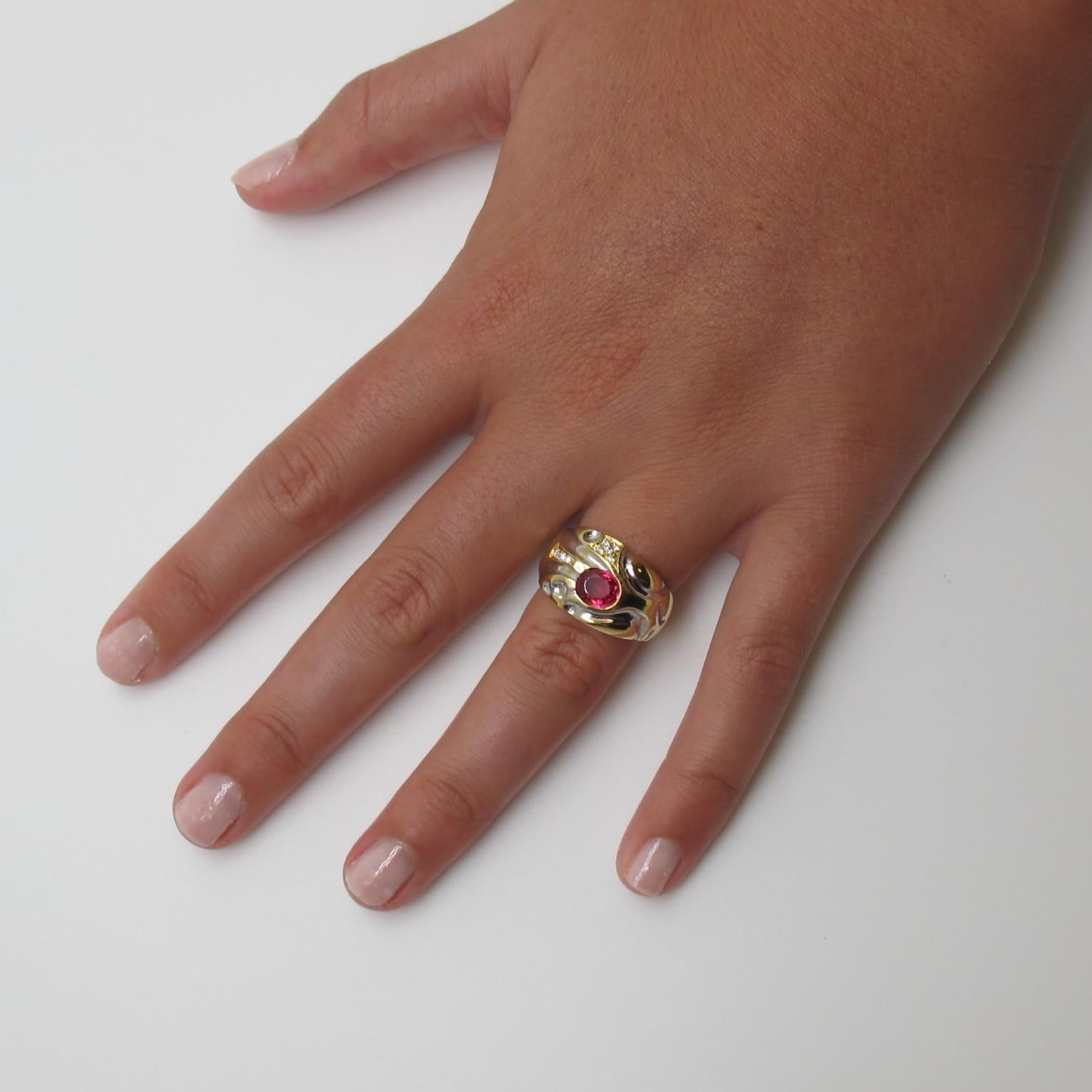 Oval Cut Hot Pink Red Spinel and Diamond 18k Two-Toned Gold Retro Dome Band Ring