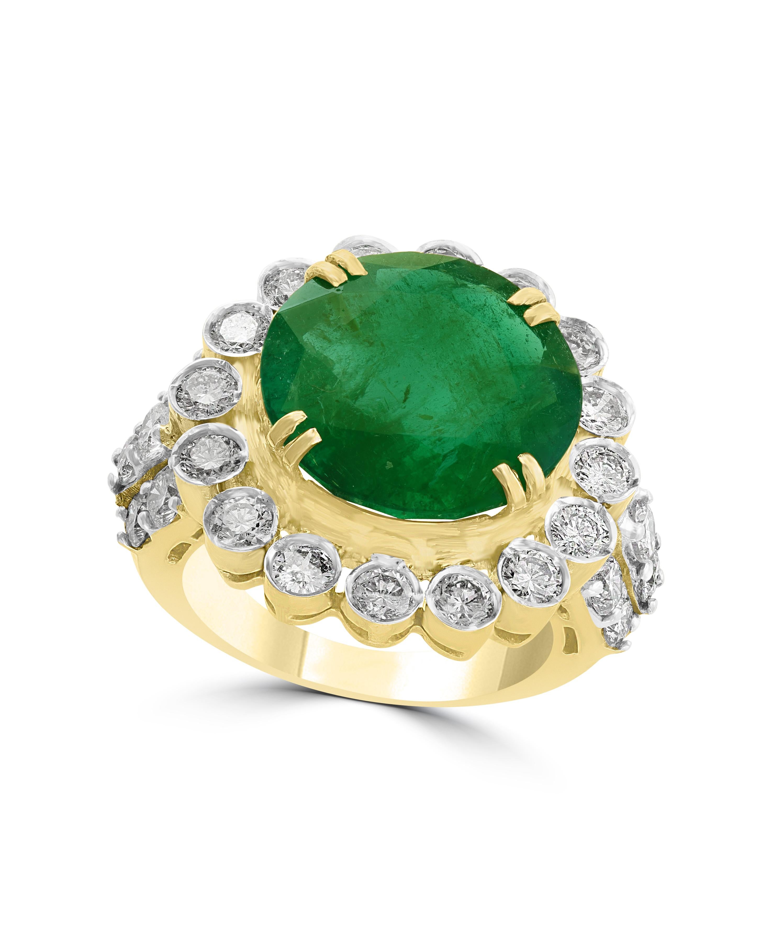 A classic, Cocktail ring 
Large 9.8 Carat  Colombian Emerald and Diamond Ring,  with no color enhancement.
18 K Gold 15 gm
 Diamonds: approximate 3.2 Carat , Round
Emerald: 9.8 Carat 
Origin : Colombia 
Ring size 7
Color: Deep  Green, Transparent