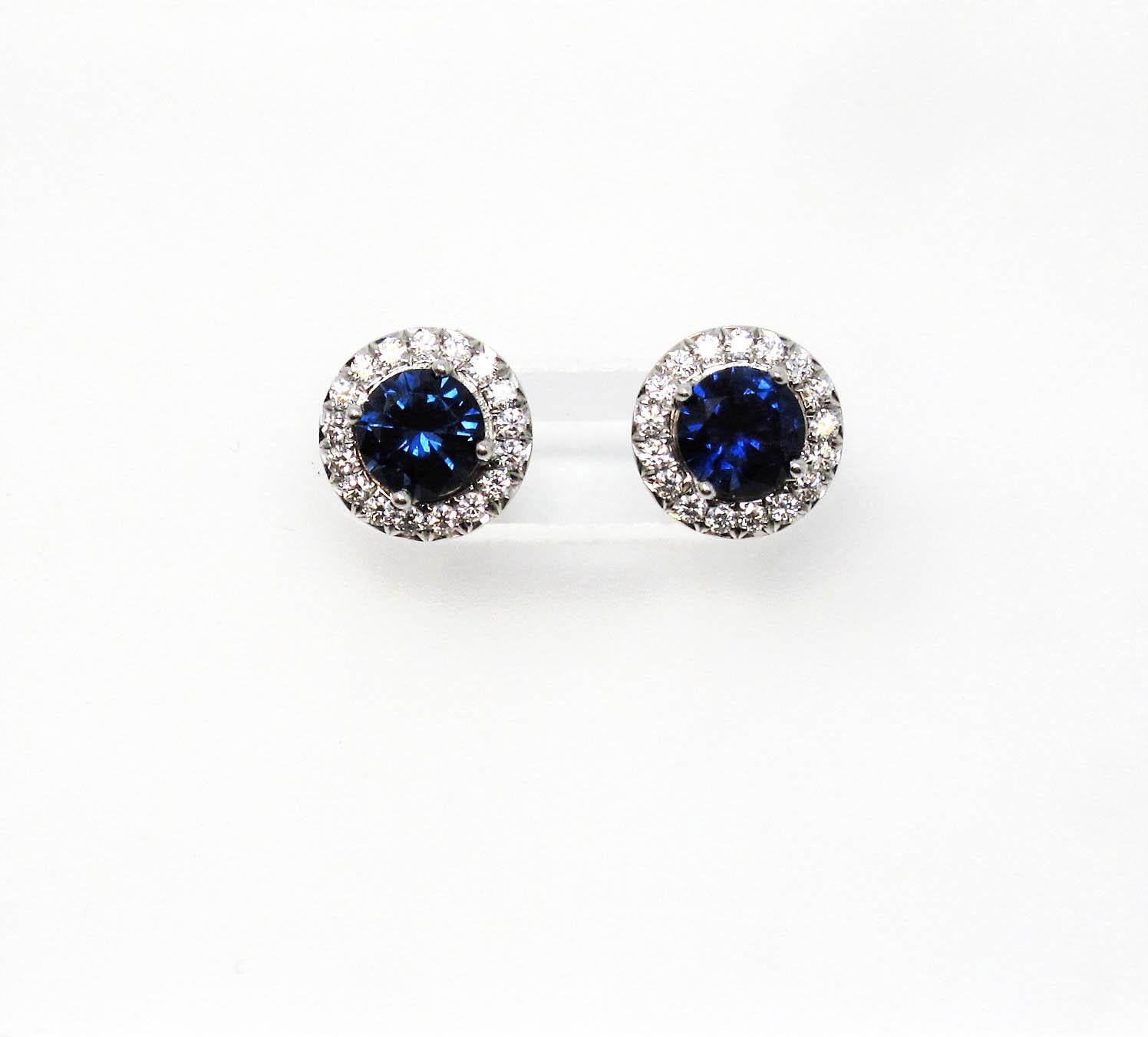 Round Cut Tiffany & Co. Soleste Blue Sapphire and Diamond Halo Stud Earrings Platinum