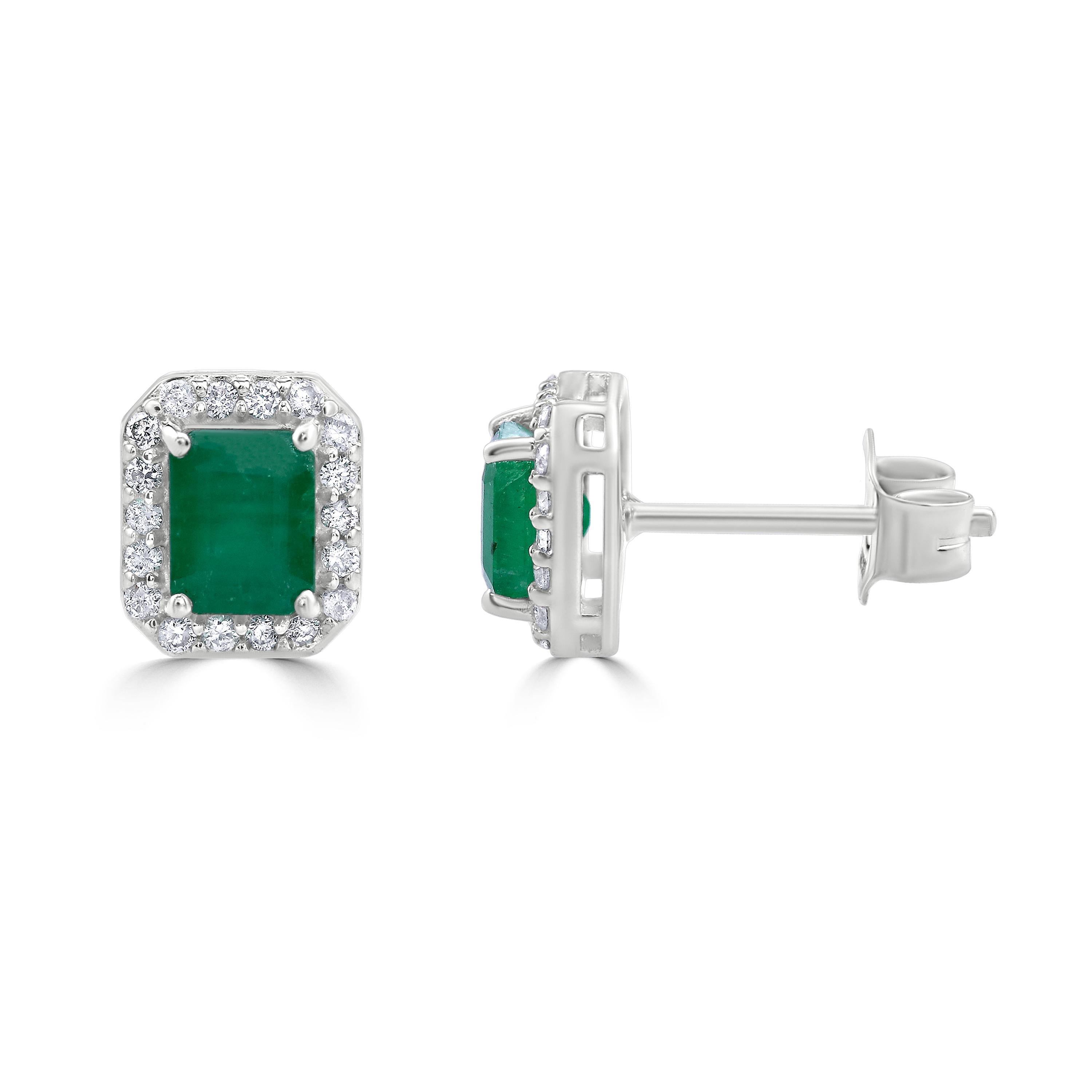 Contemporary Gemistry .98 Carats Octagon Emerald Stud Earrings with Diamond in 14K White Gold