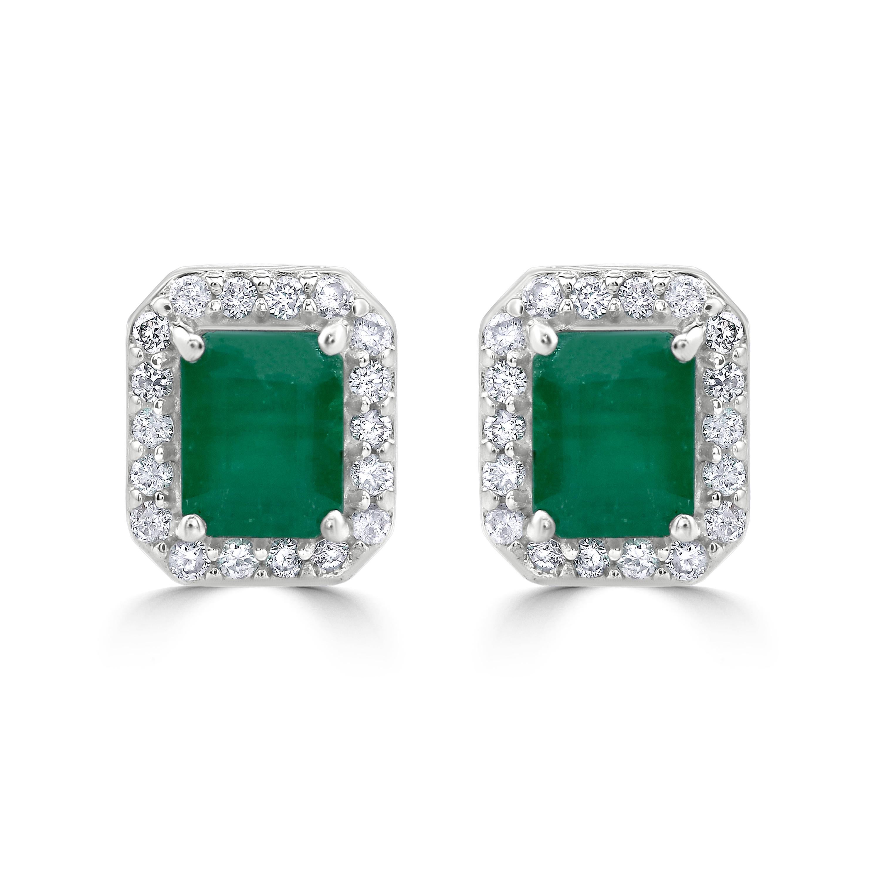 Octagon Cut Gemistry .98 Carats Octagon Emerald Stud Earrings with Diamond in 14K White Gold