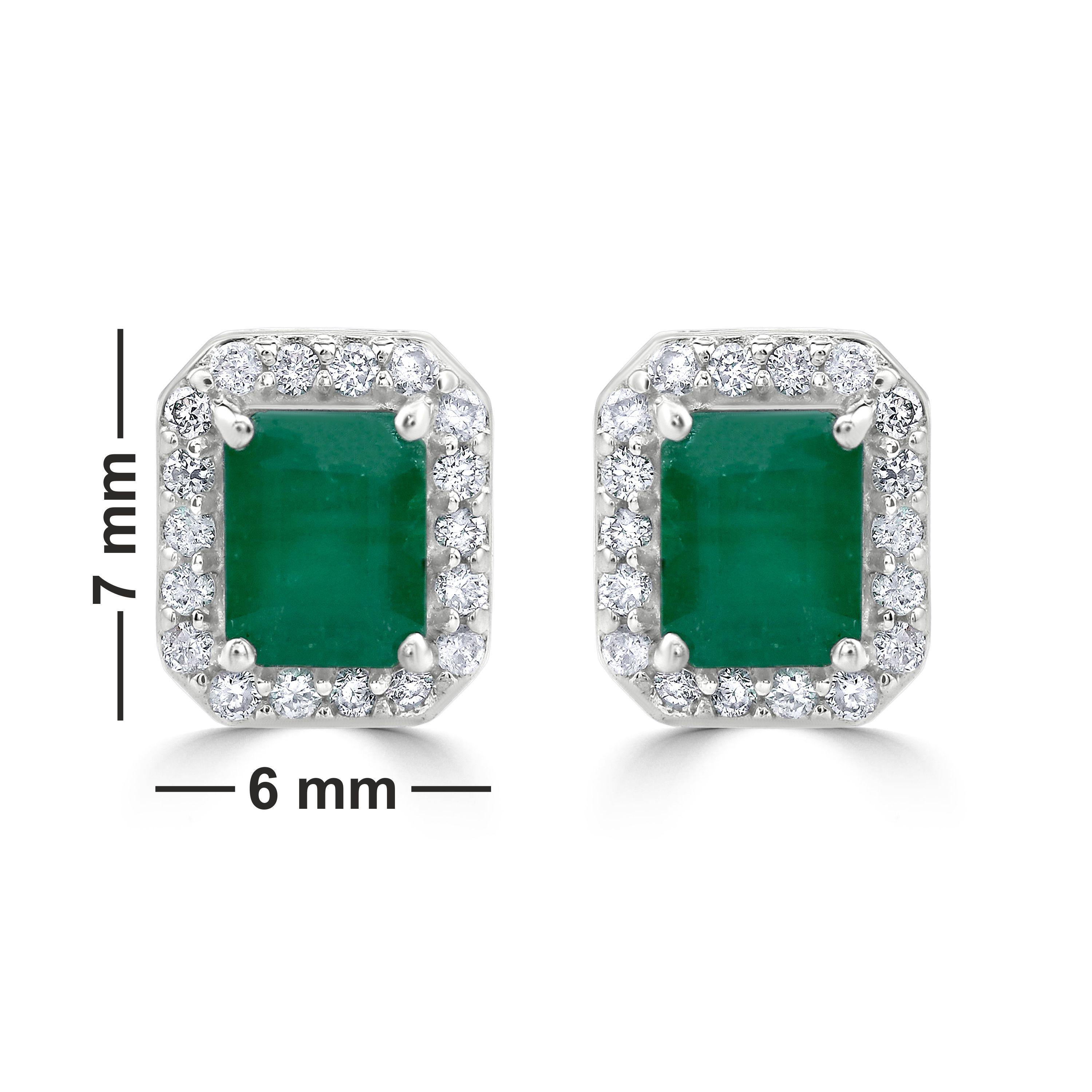 Gemistry .98 Carats Octagon Emerald Stud Earrings with Diamond in 14K White Gold In New Condition In New York, NY