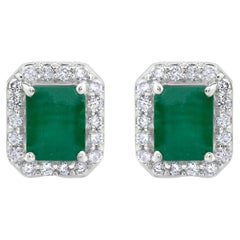 .98 Carats Octagon Emerald Stud Earrings with Diamond in 14K White Gold