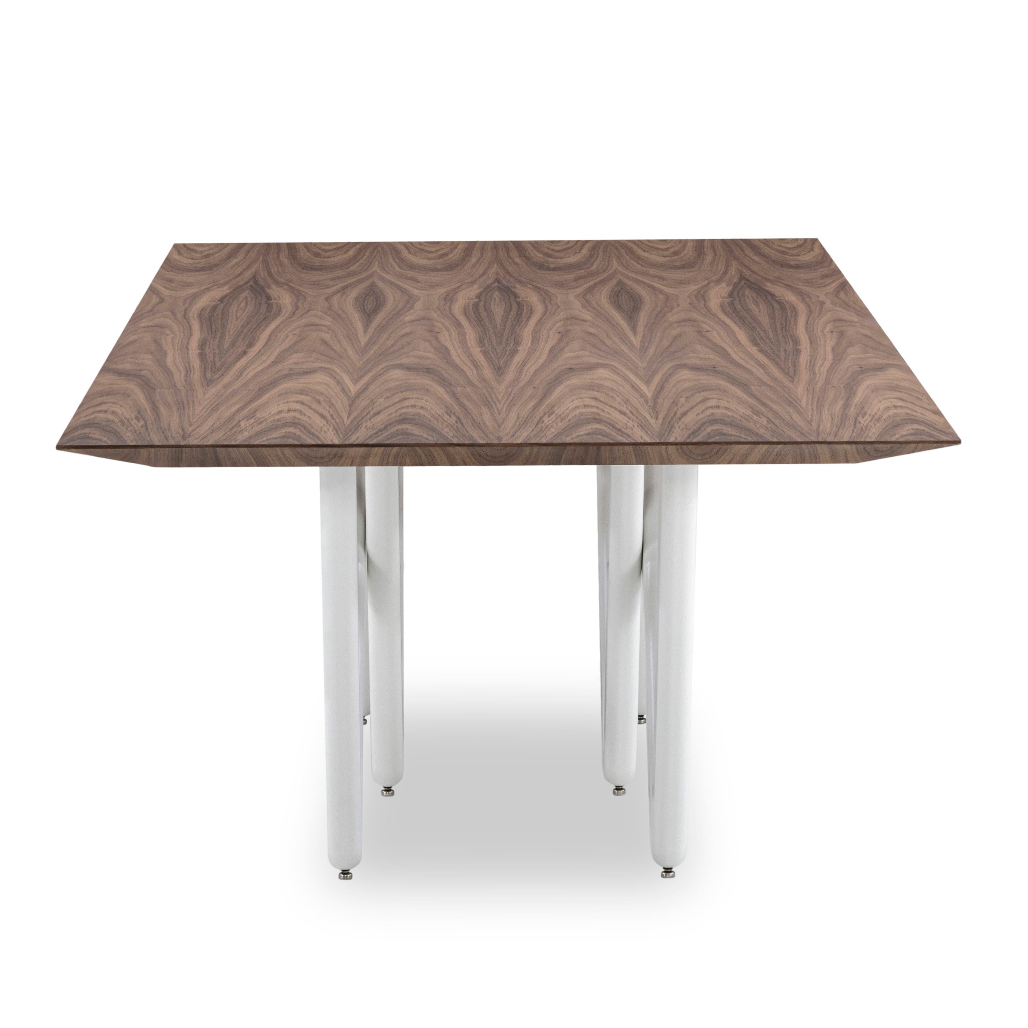 Brazilian Dablio Dining Table with a Walnut Wood Veneered Table Top and White Base 98'' For Sale