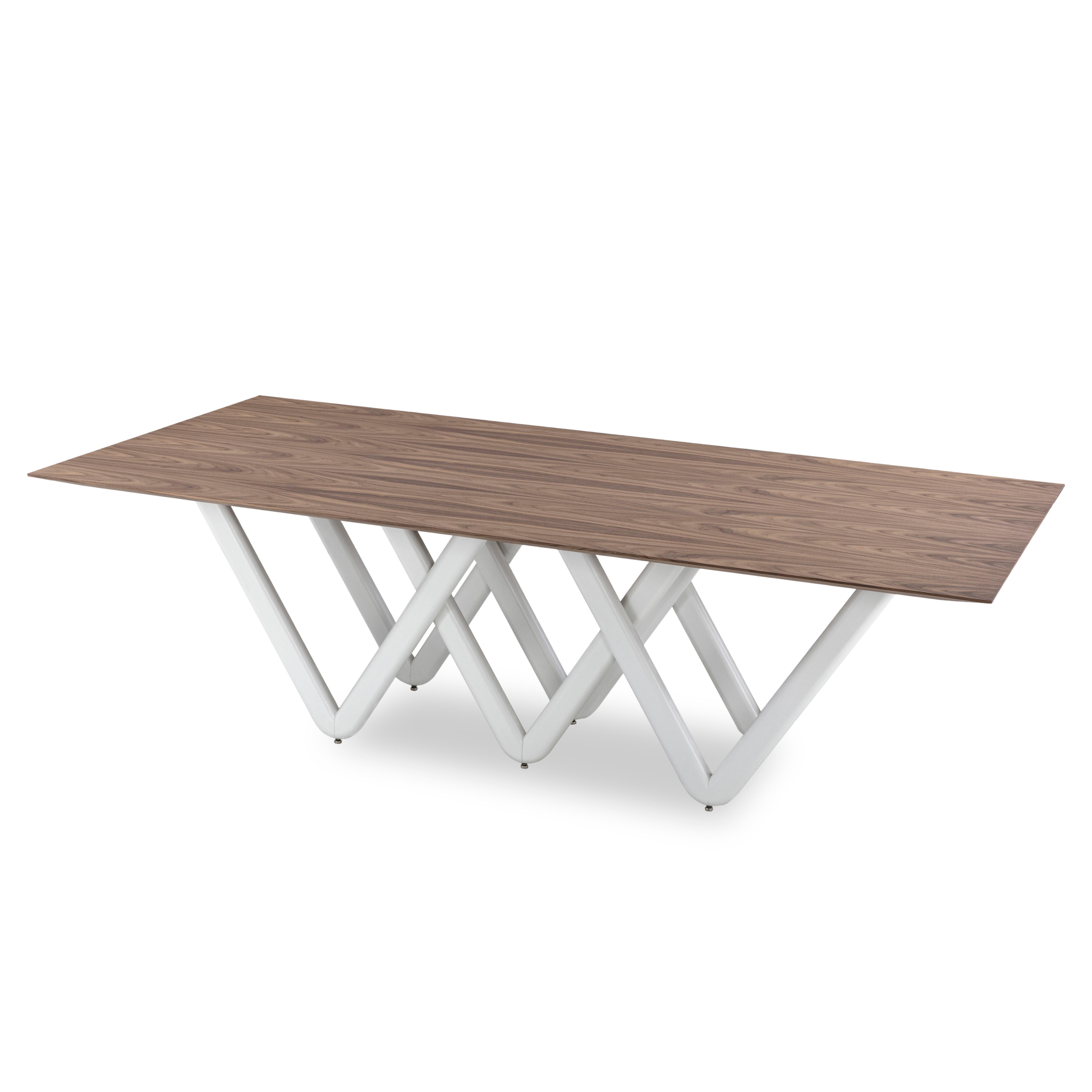 Dablio Dining Table with a Walnut Wood Veneered Table Top and White Base 98'' In New Condition For Sale In Miami, FL