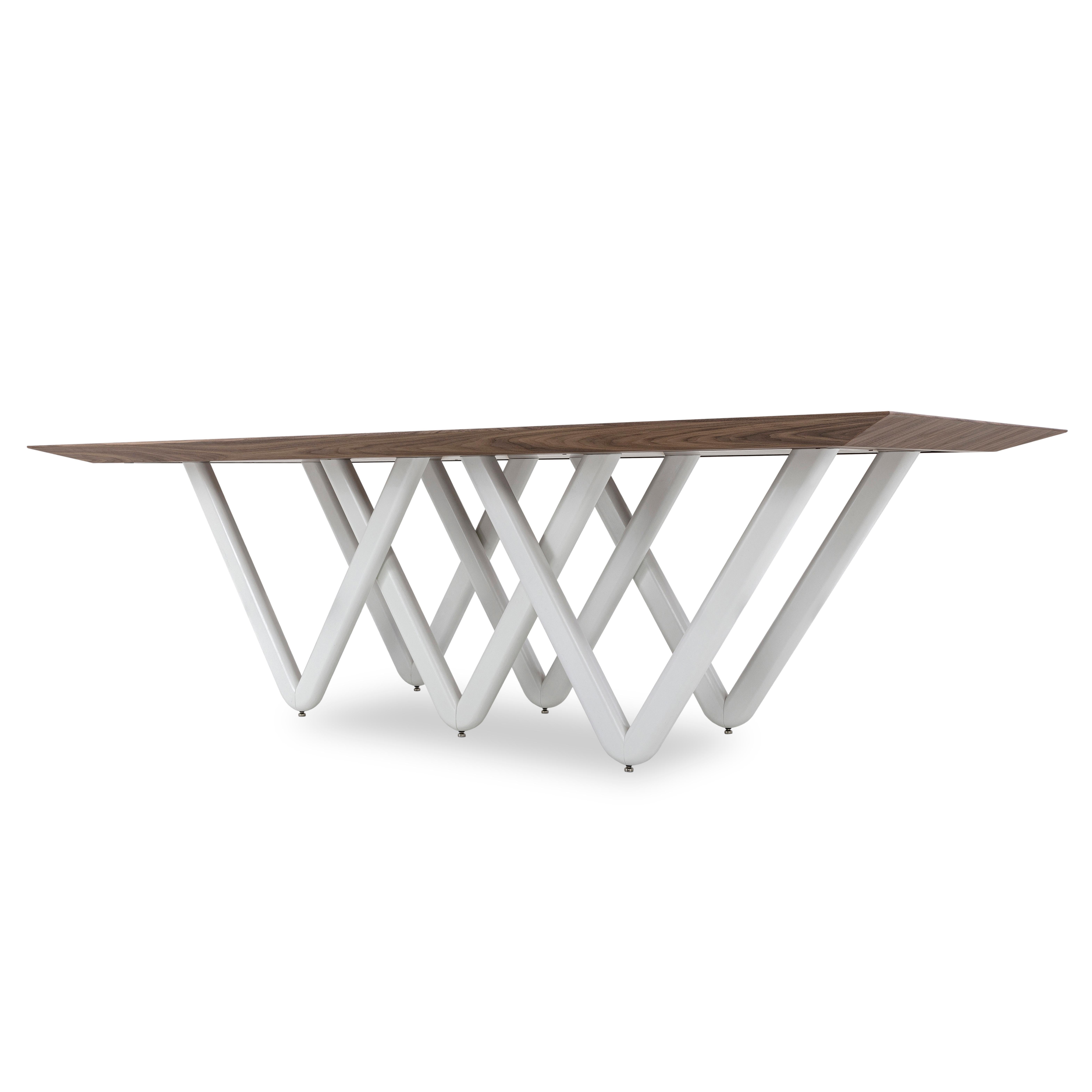 Contemporary Dablio Dining Table with a Walnut Wood Veneered Table Top and White Base 98'' For Sale