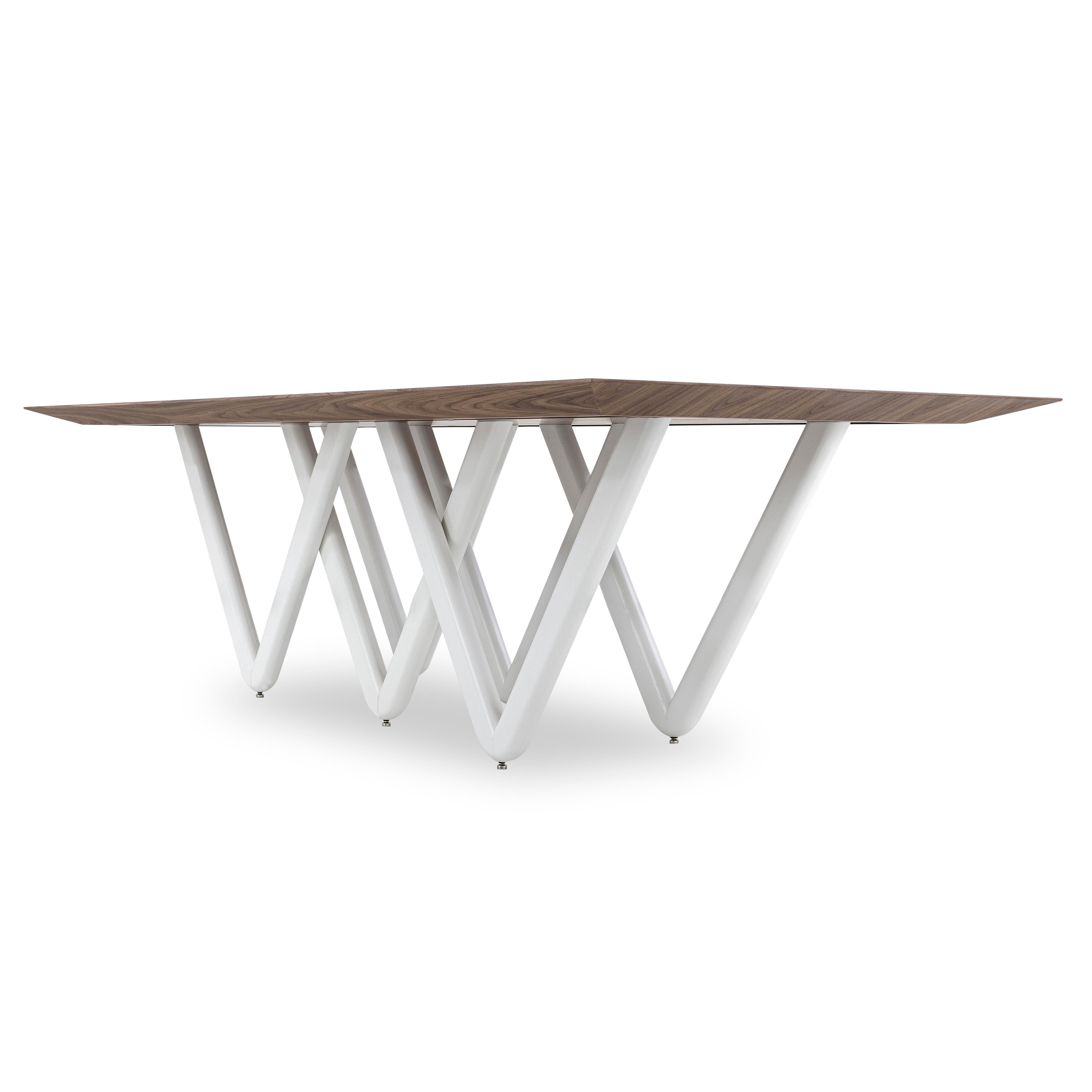 Dablio Dining Table with a Walnut Wood Veneered Table Top and White Base 98'' For Sale 1